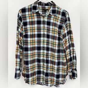Talbots Womens Plaid Button Front Shirt M Navy Teal Yellow Flannel Button Cuffs